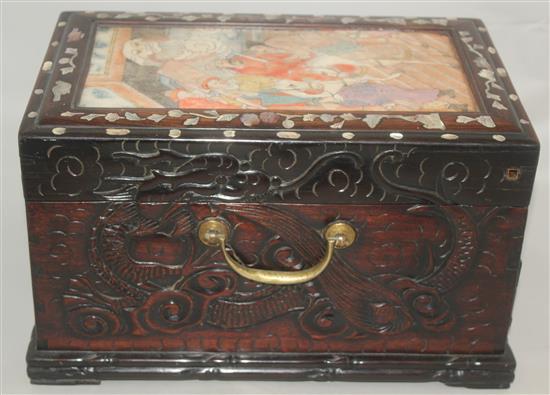 A Chinese rosewood and painted alabaster box, 19th century, length 35cm, width 23cm